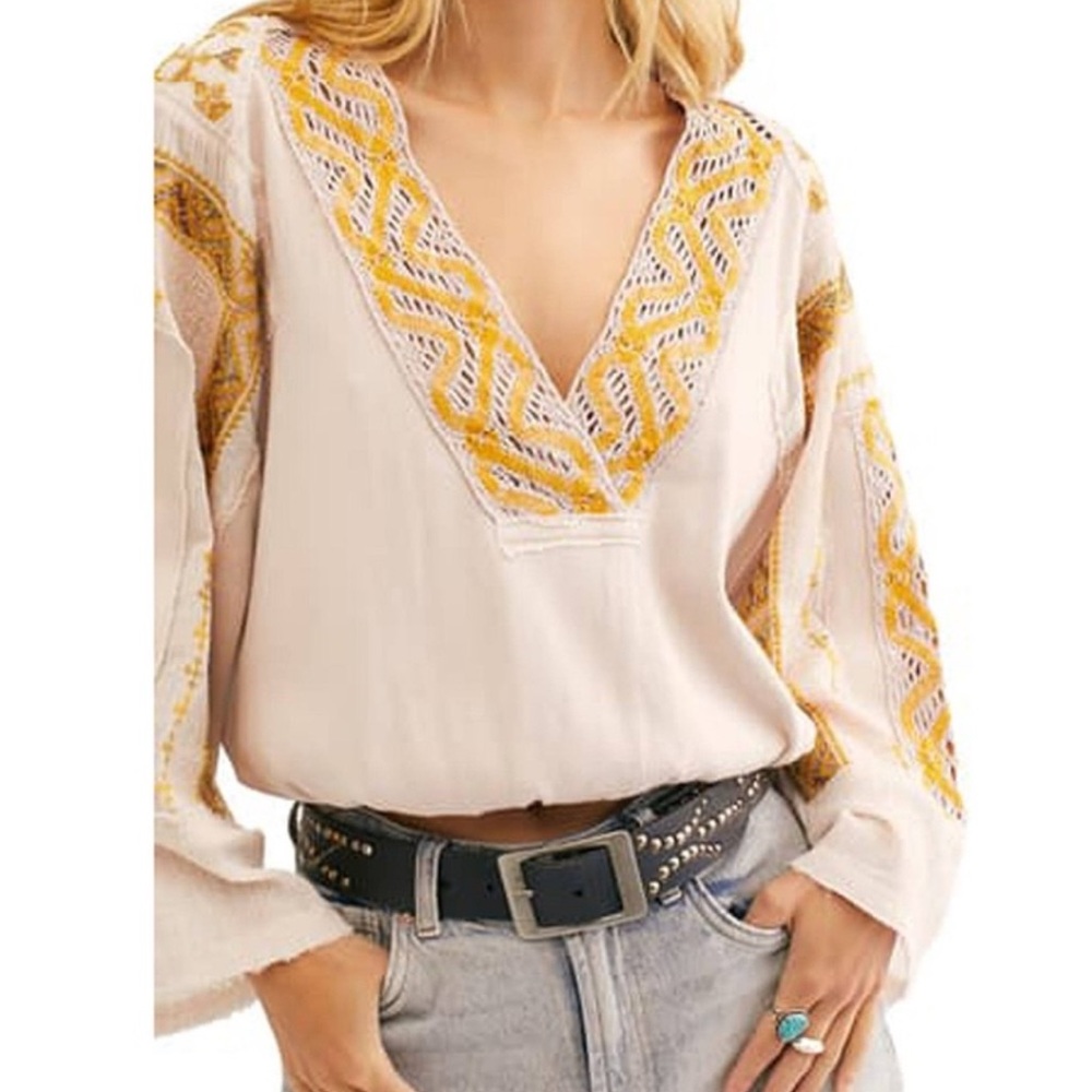 Free People Cream and Yellow Embroidered Blouse